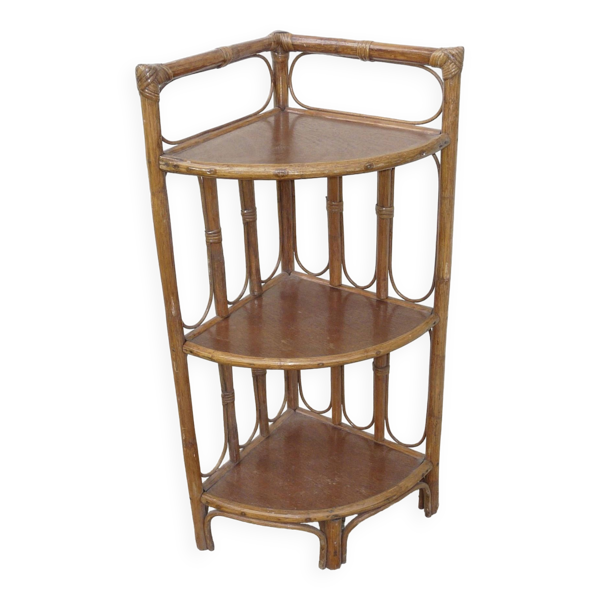 Étagère d'angle bambou et rotin vintage 1970