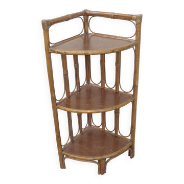 Étagère d'angle bambou et rotin vintage 1970