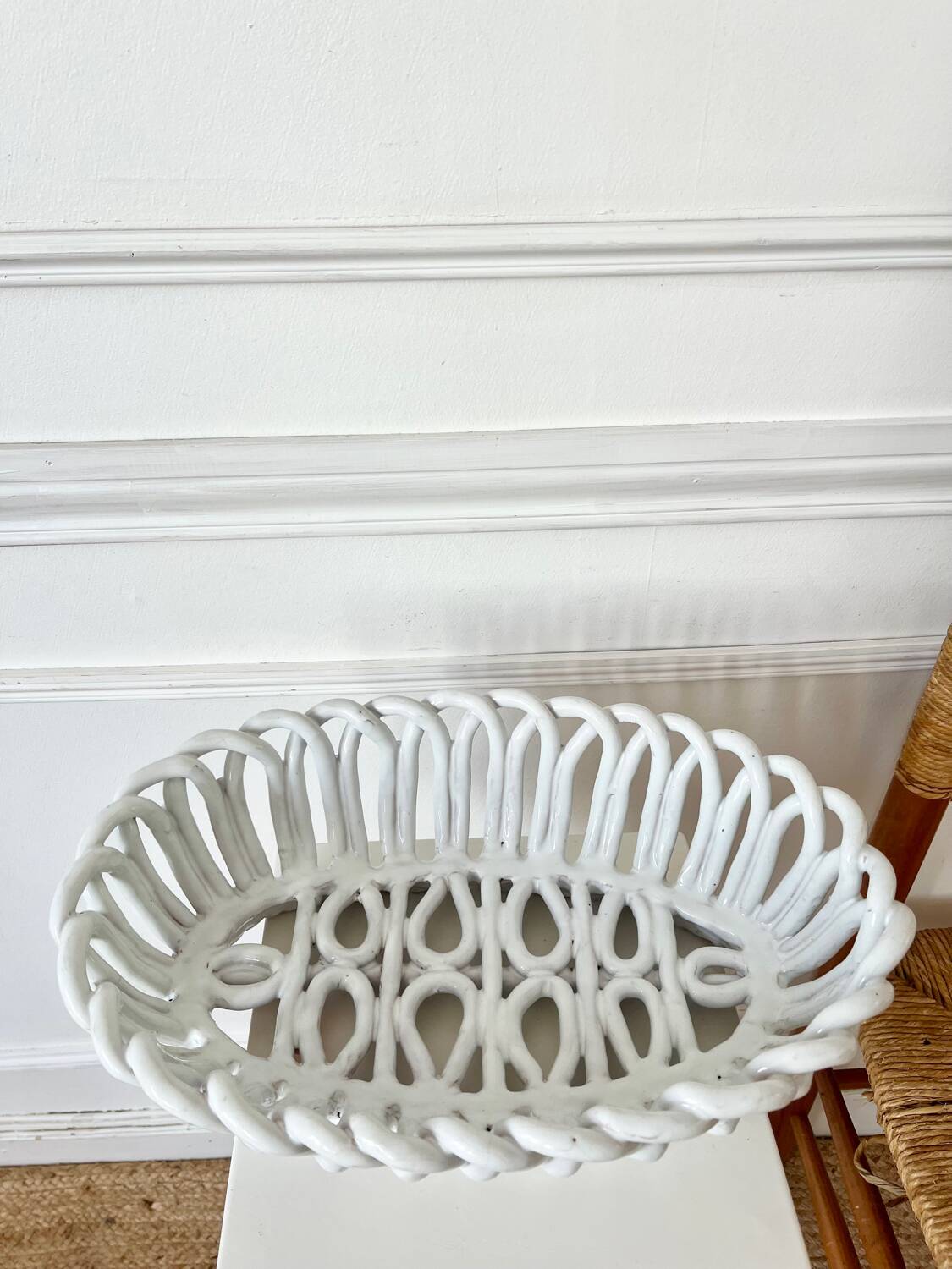 Woven white ceramic fruit bowl