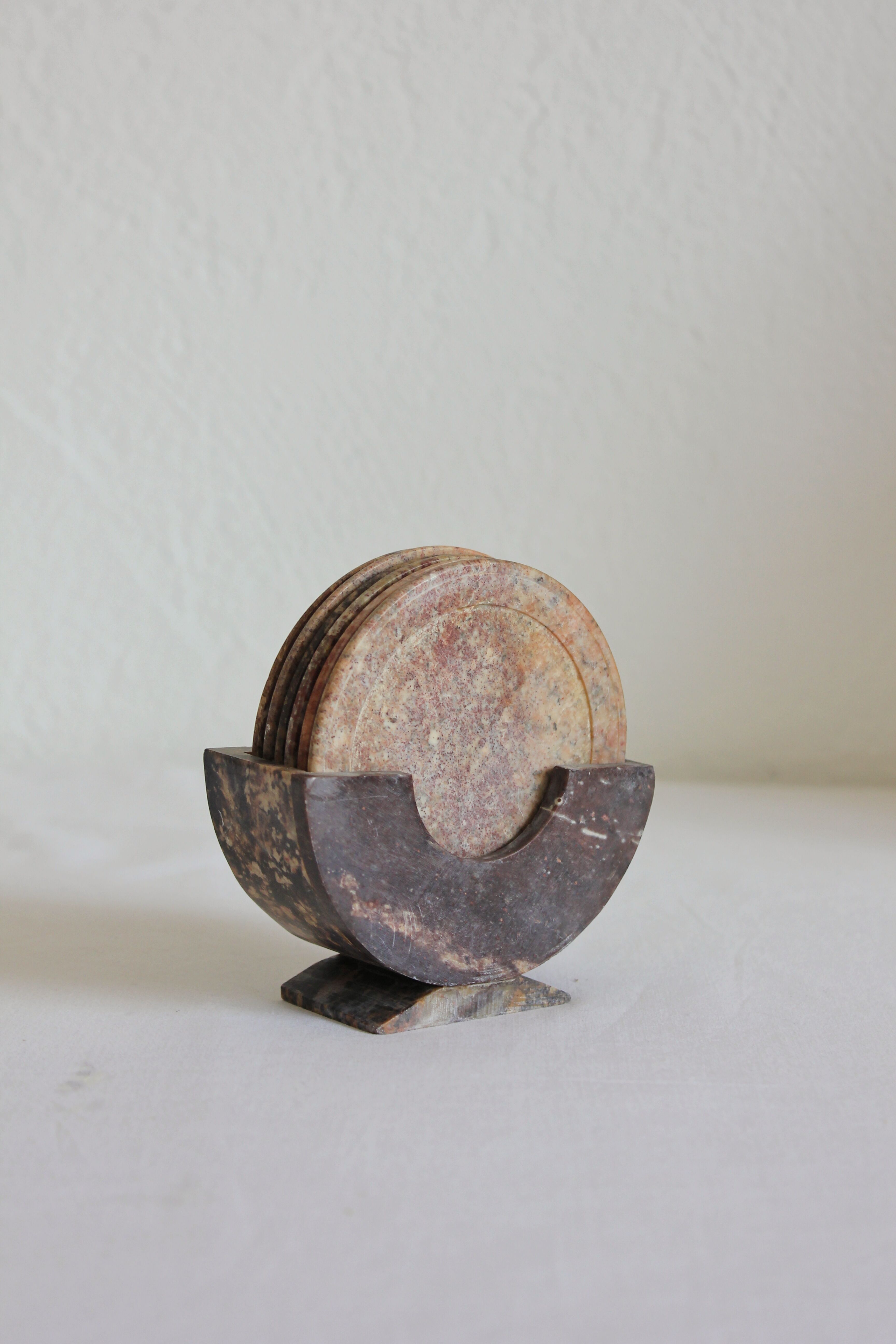 Set of 6 vintage stone/marble coasters and case