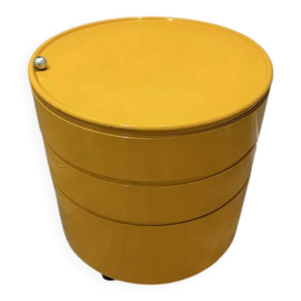 Cabinet à bar cylindrique en opale jaune vintage sur roulettes des années 1960, rangement de l'ère spatiale