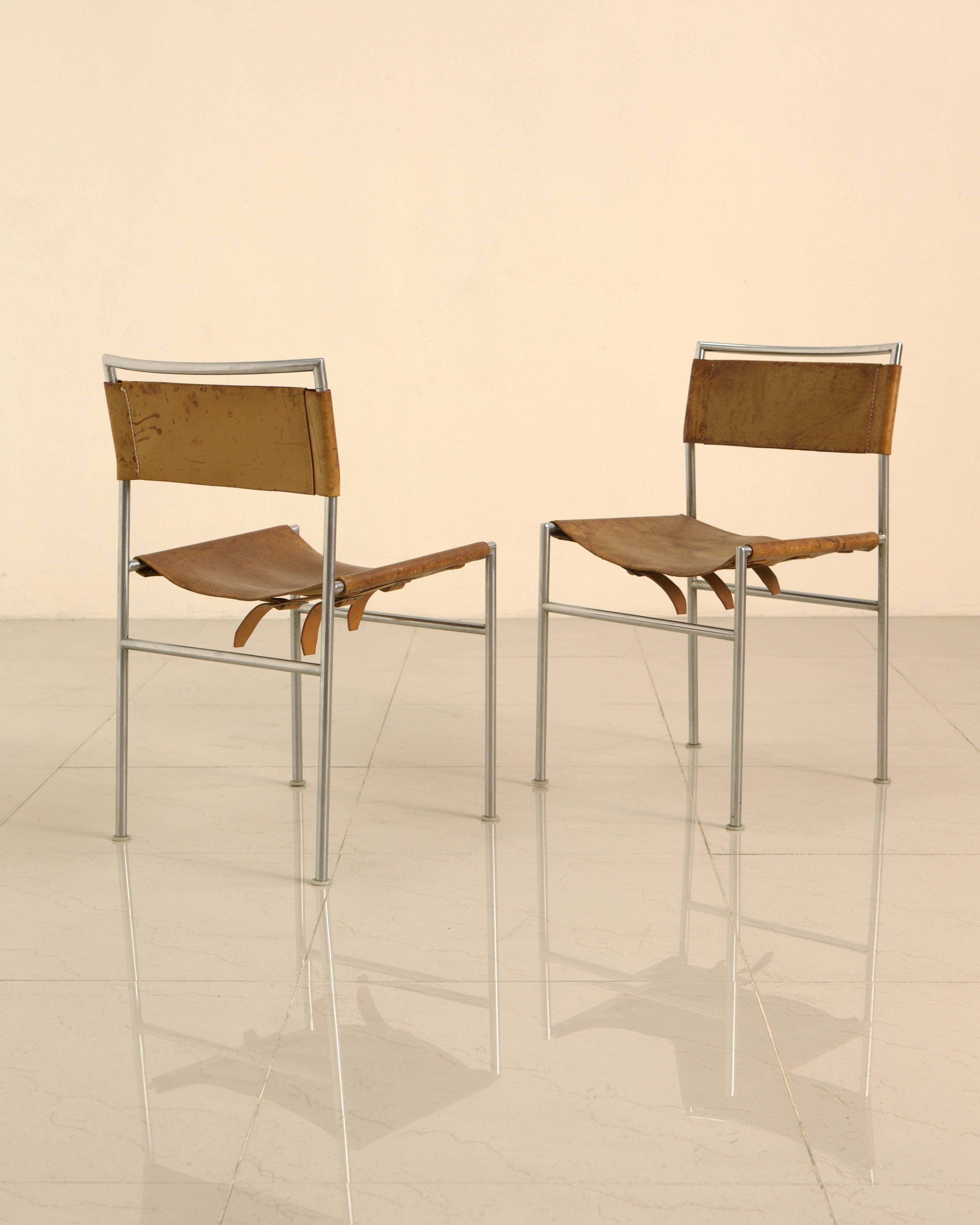 Set of 4 cognac leather chairs DLG Martin Visser 60's