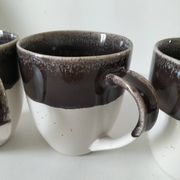 Set of three two-tone mugs, glazed stoneware, café workshop style.