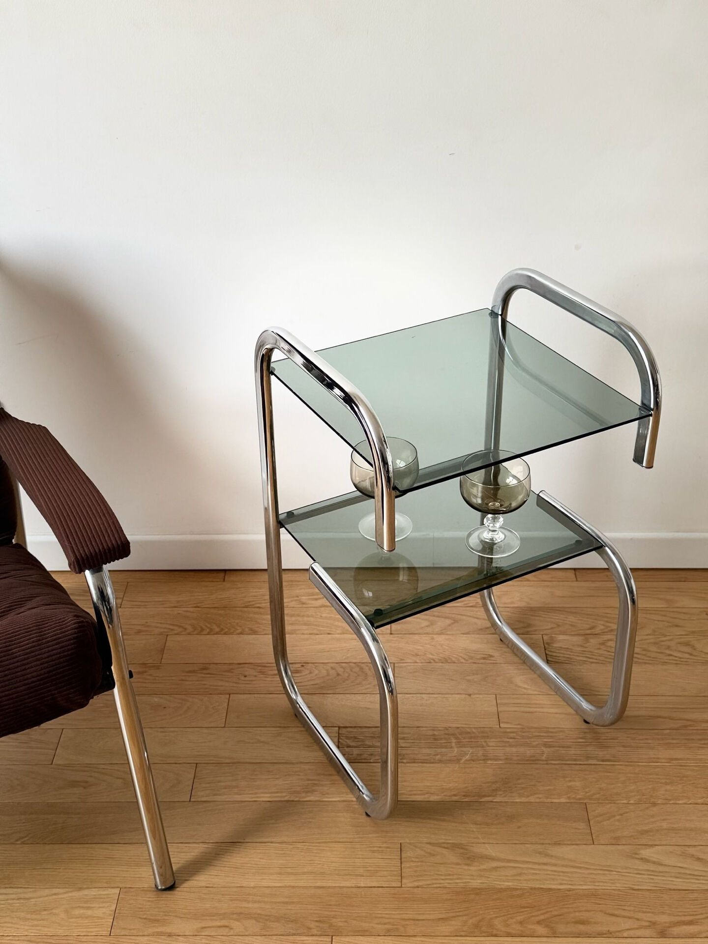Vintage side table in smoked glass and chrome