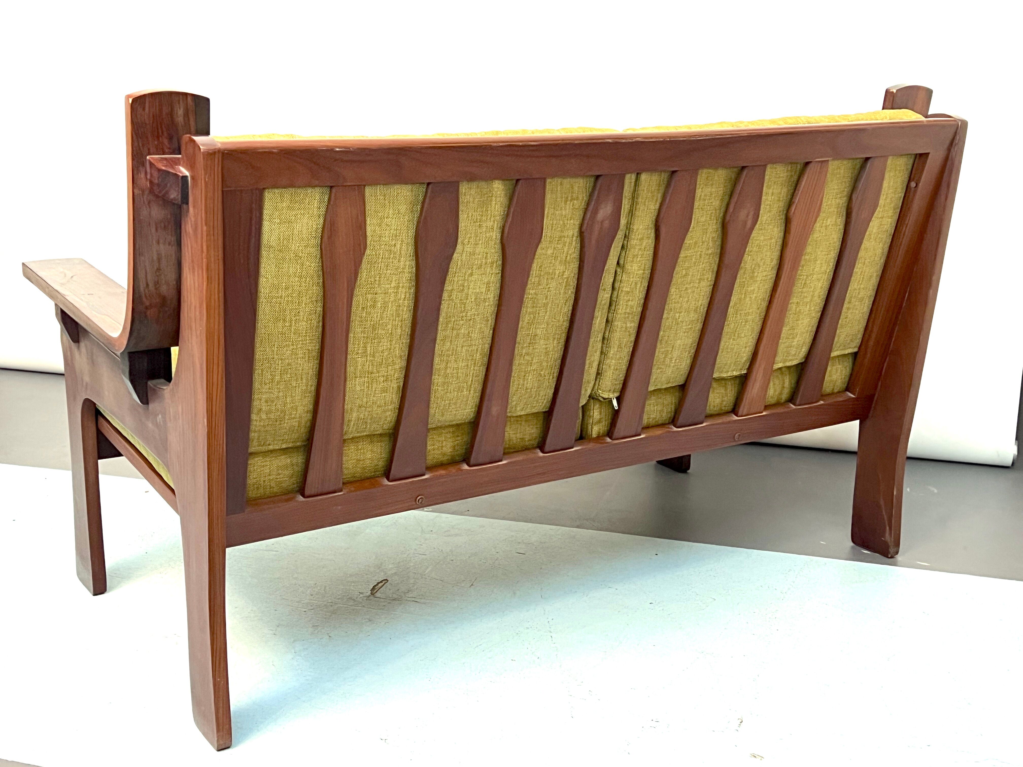 Set of four armchairs and a sofa in wood and green fabric, Italy 1960s