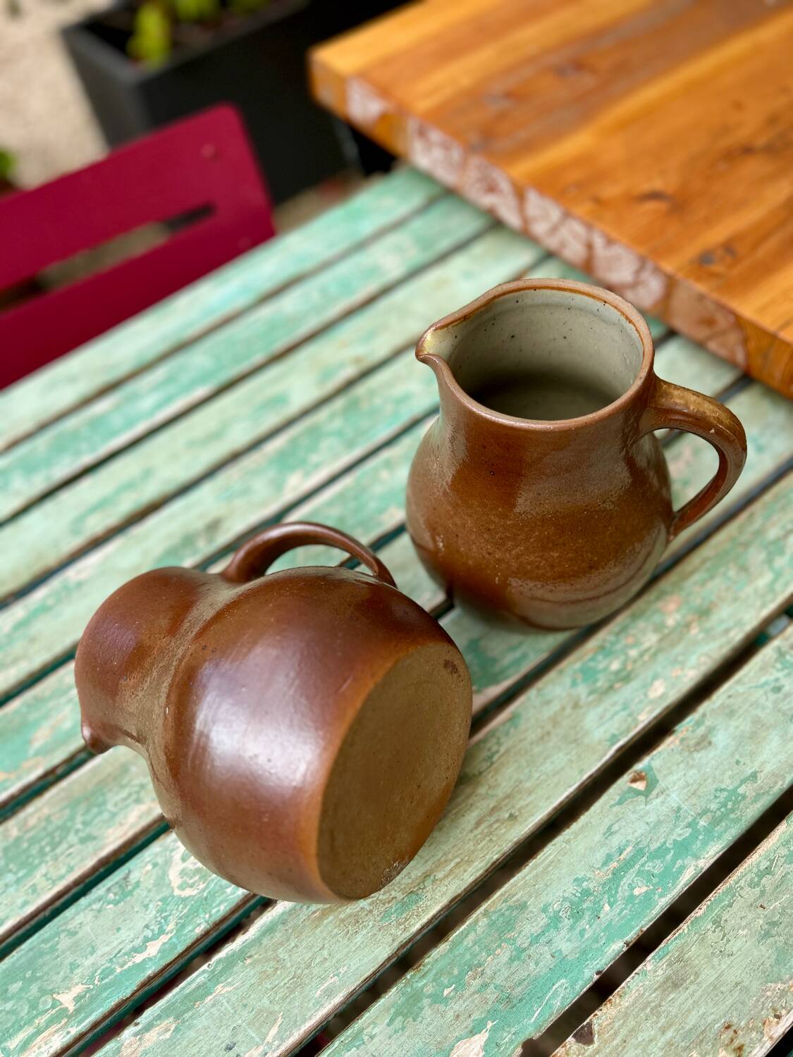 Set of 2 large vintage stoneware pitchers