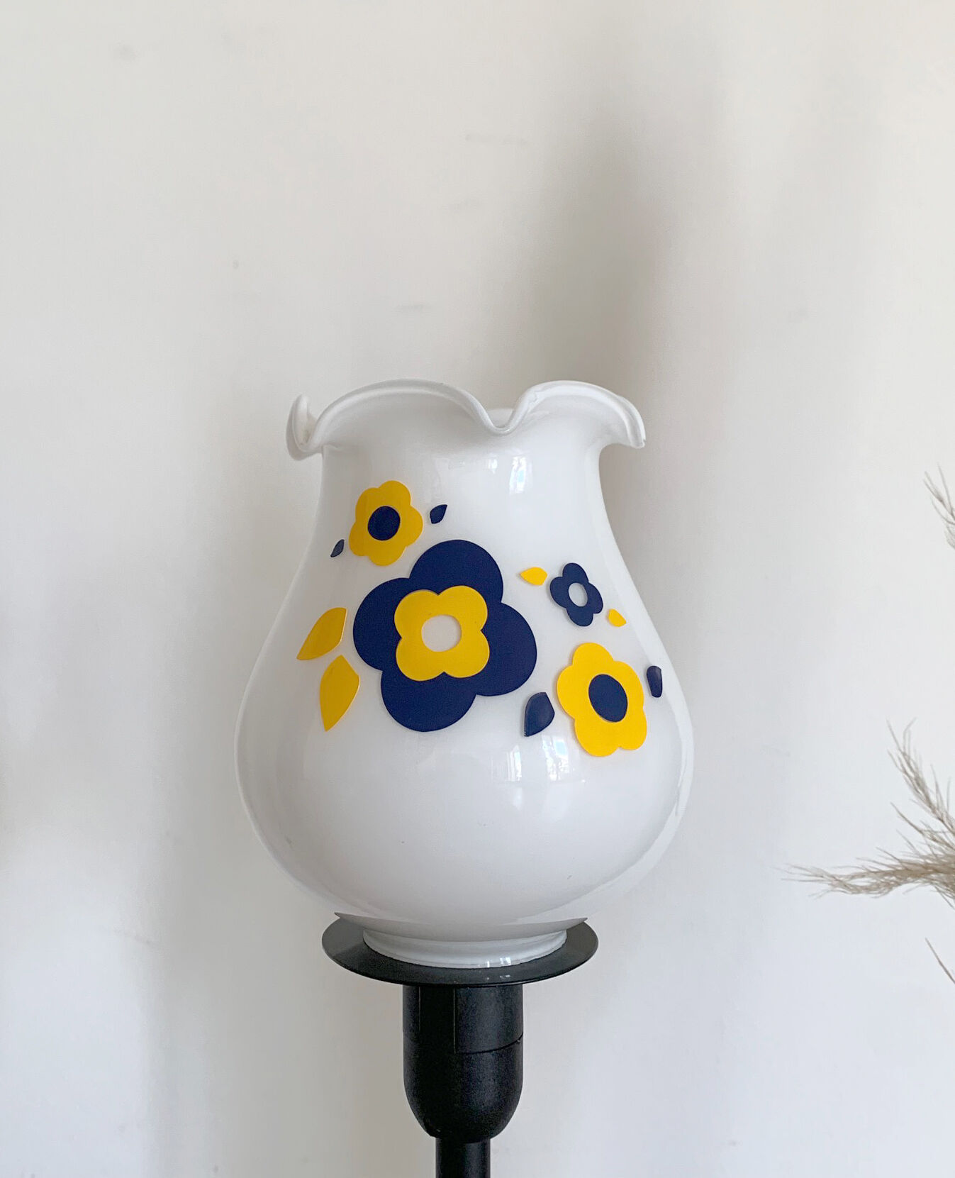 Table lamp with old white glass globe, restyled, lily of the valley shape