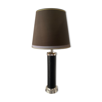 Vintage column lamp in leather and silver brass 60s-70s