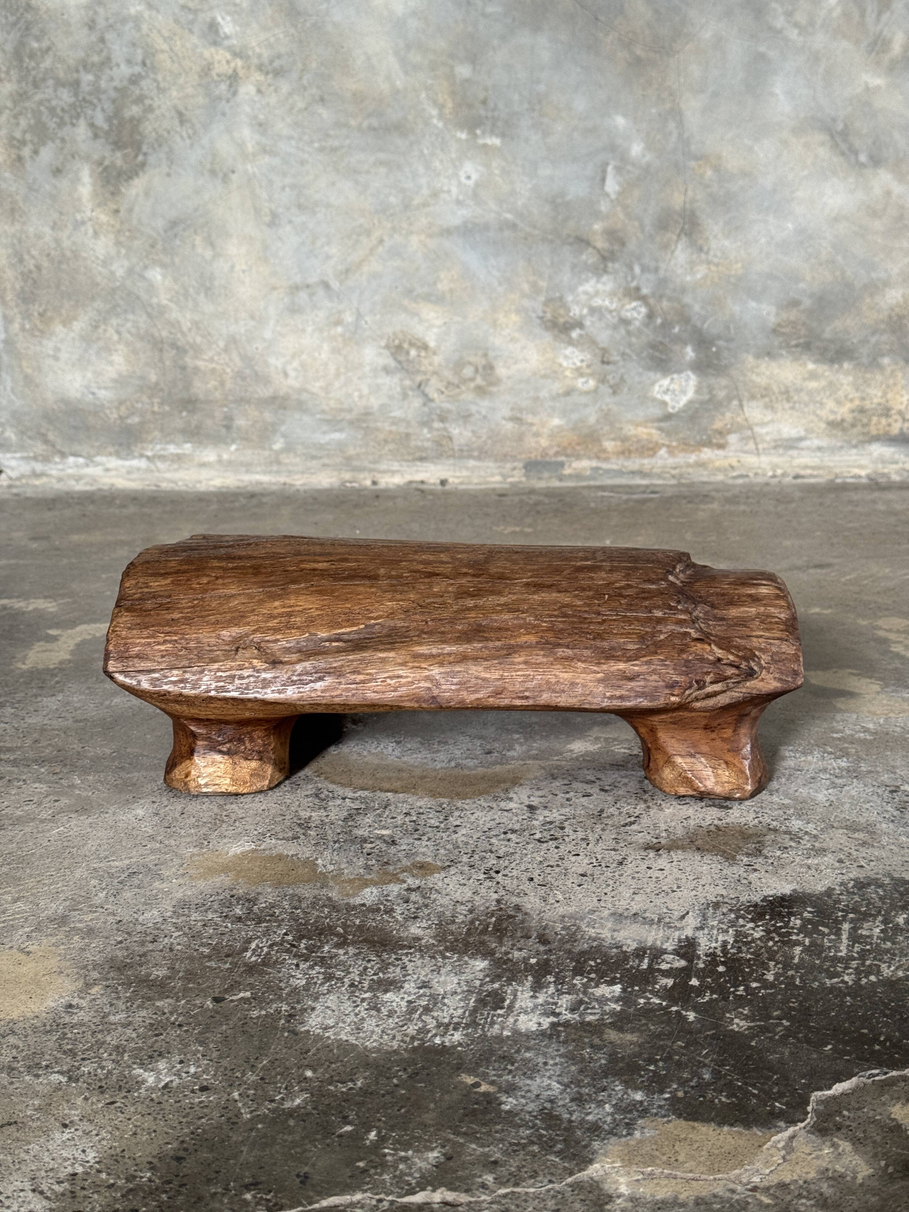 Small stool, footrest in organic blond teak monoxyle wabi-sabi L22
