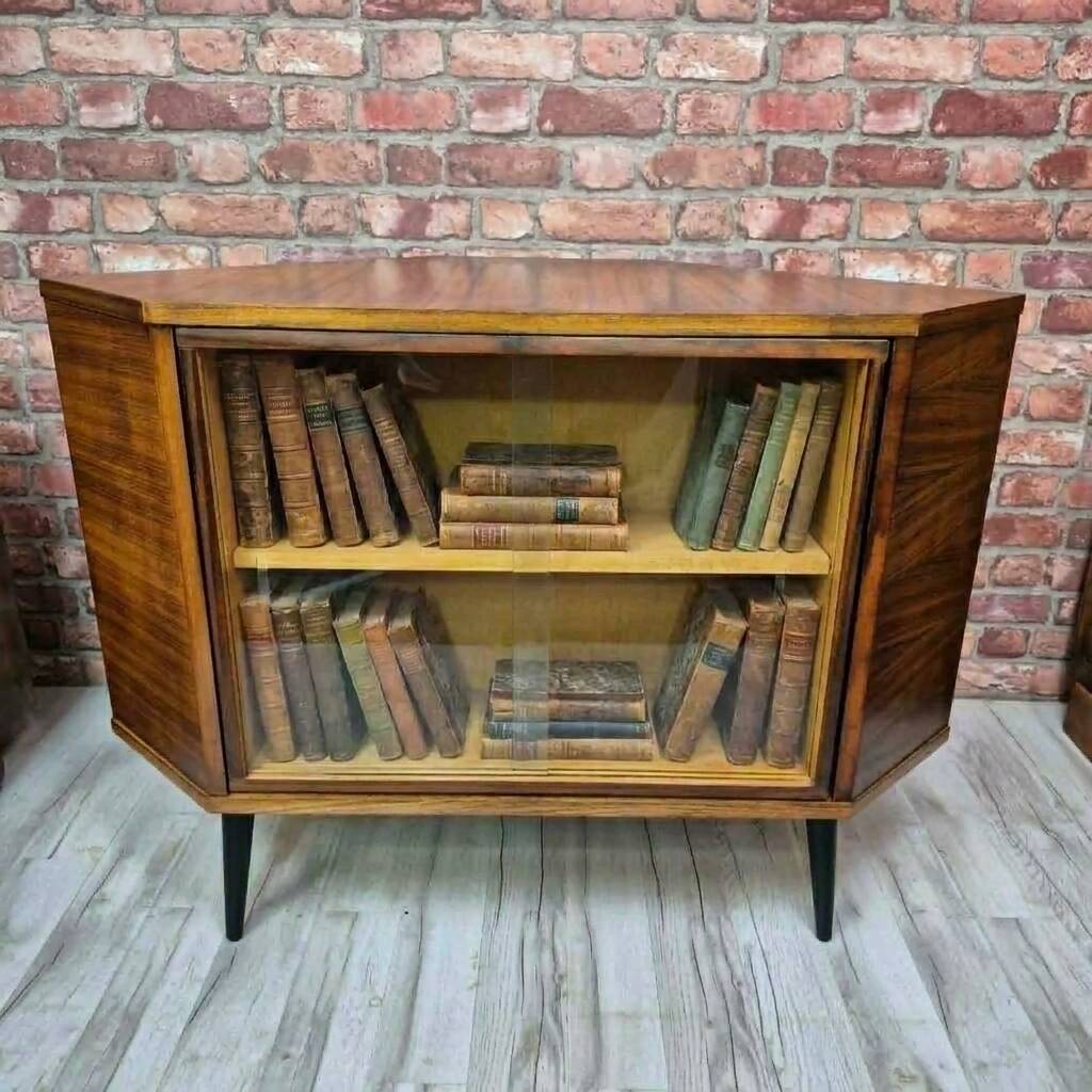 Rare Mid-Century Modern Walnut Corner Bar Cabinet with Revolving Carousel -