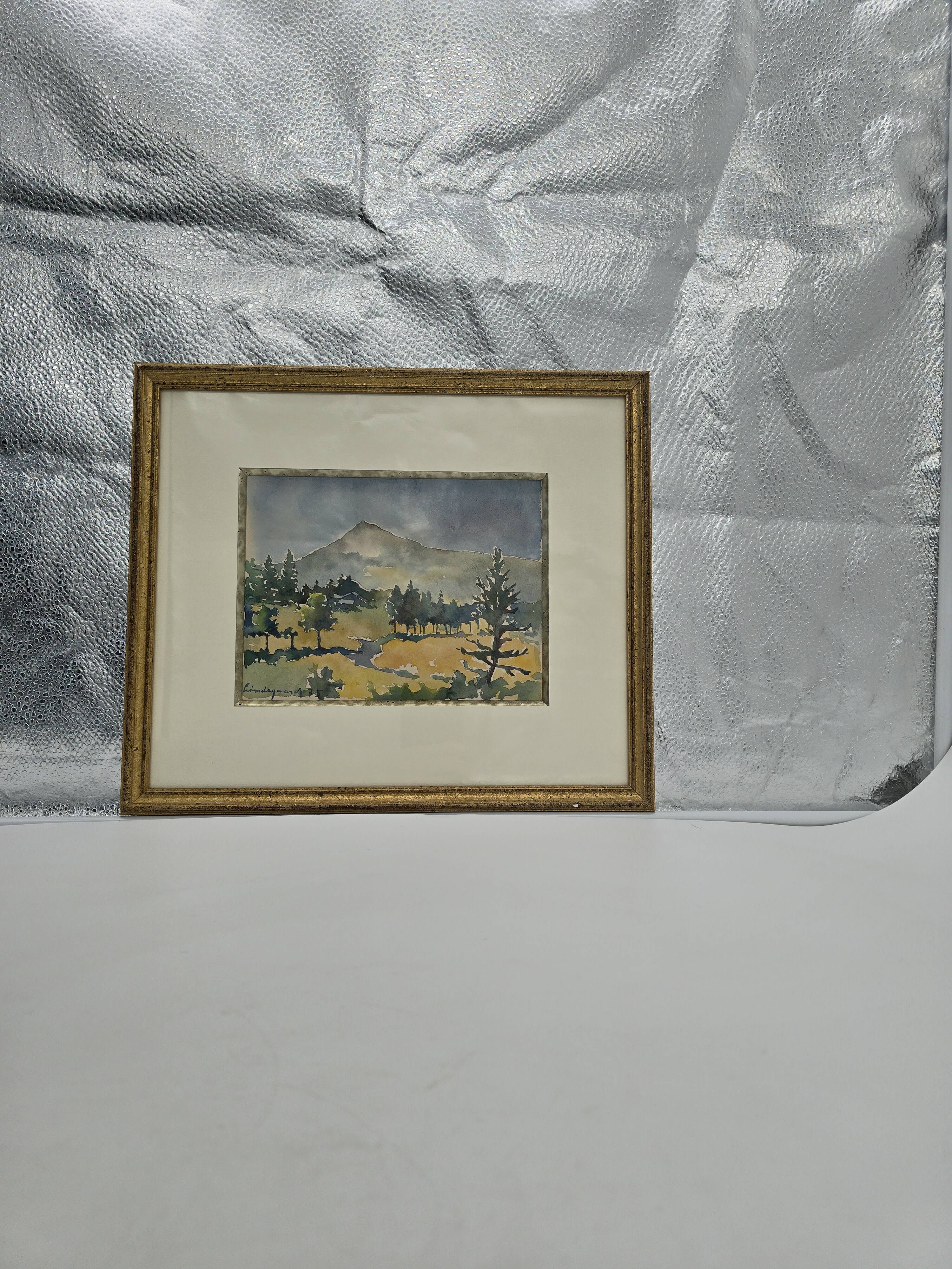 Framed watercolor by Henri Lindegaard 1975 - Forest and mountain landscape