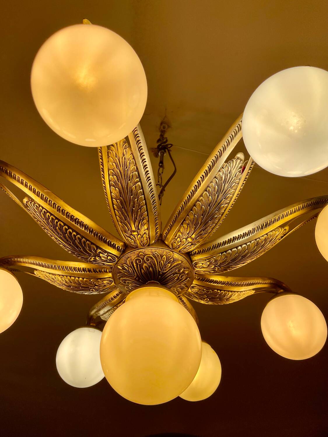 Art Deco ceiling light in bronze with 9 glass globes, France 1935