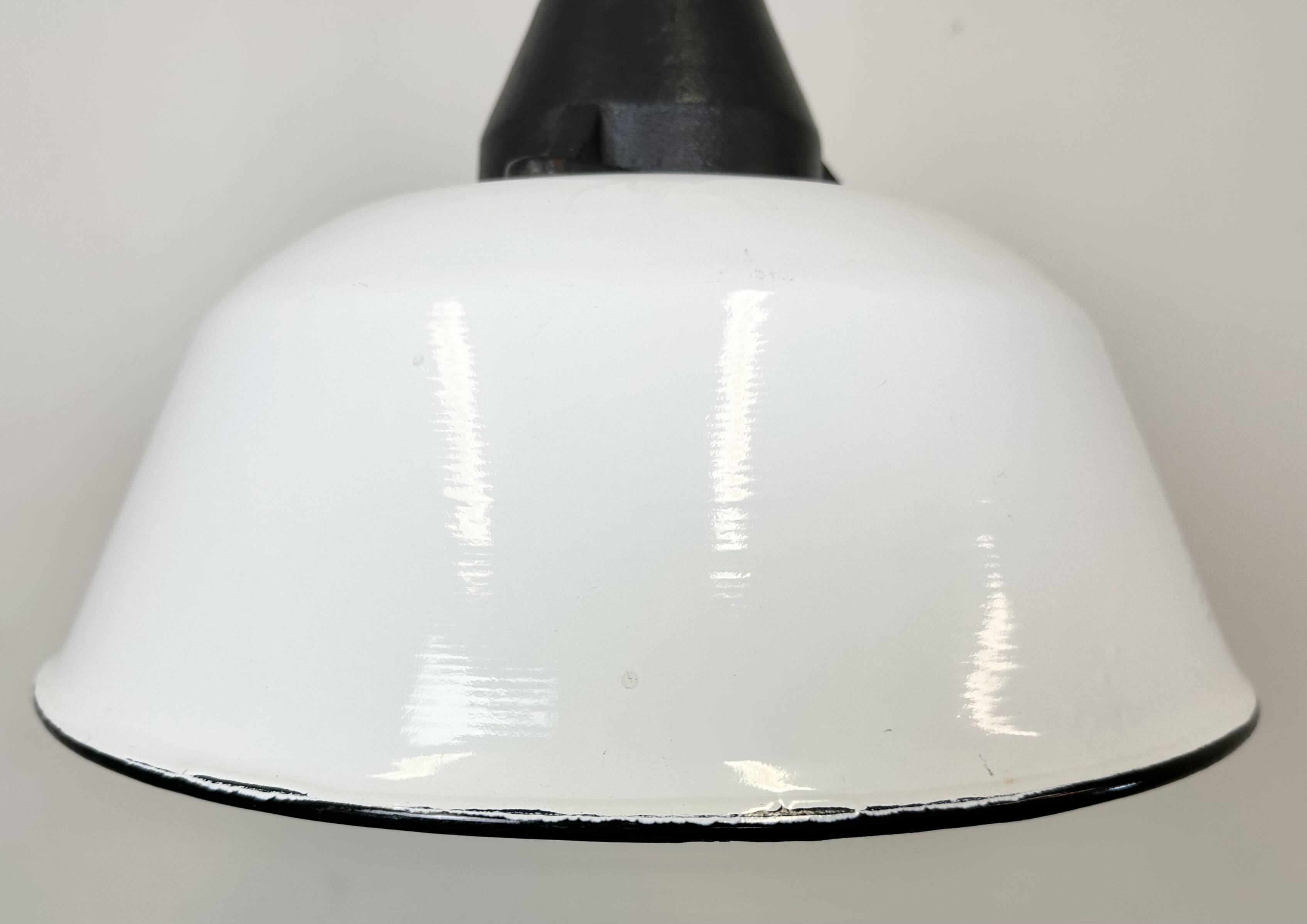White enamel and cast iron industrial pendant light with glass cover, 1960s
