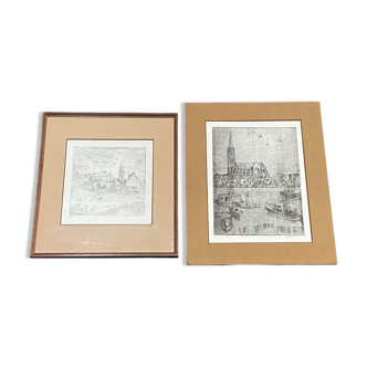 Deux gravures maurice masselin quai gambetta coueron place leon moinard