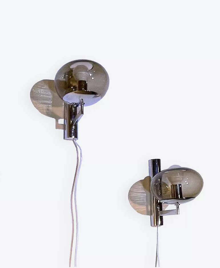 Sciolari, pair of chrome wall lights, smoked glass, Italy, 1970s