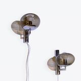 Sciolari, pair of chrome wall lights, smoked glass, Italy, 1970s