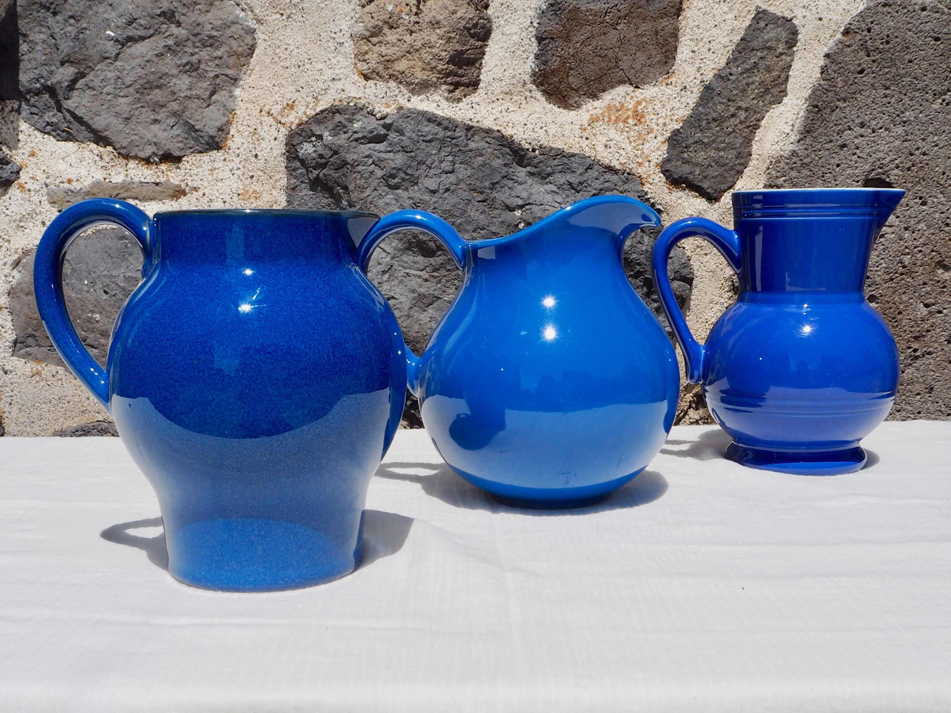 Blue ceramic belly pitcher