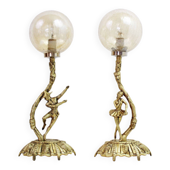 Commedia Dell Arte Bronze and Gold Glass Lamp Pair