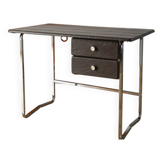 Wooden desk and tubular chrome legs, covered in Skai, Design, 1970-1980