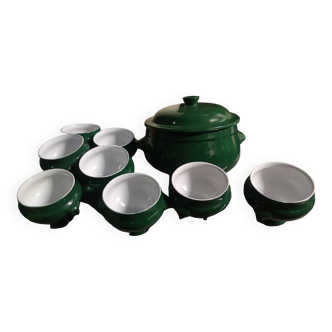 Soup service 8 bowls and dark green tureen Émile Henry