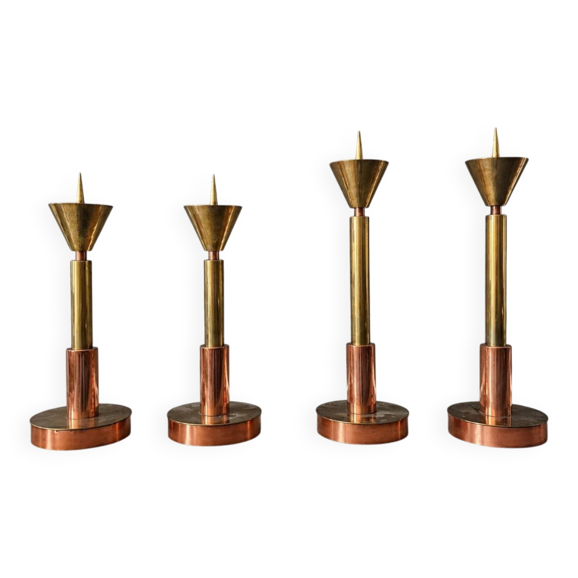 4 x Large / weighty postmodern candles / 1970s / two heights 60 - 70 cm / copper - brass