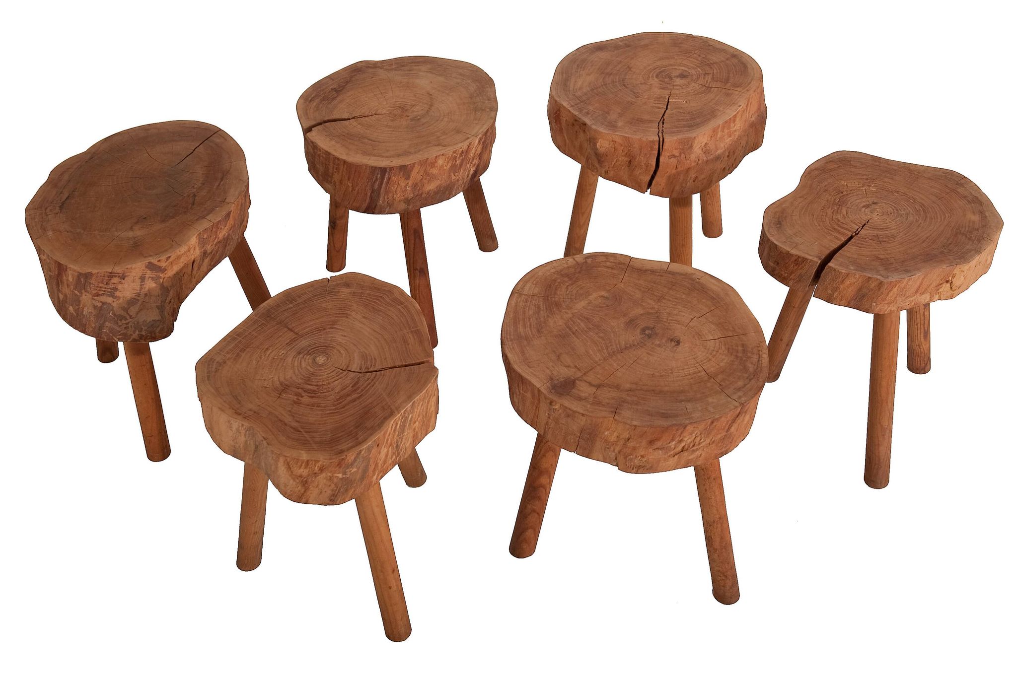 6 Raw Log Stools or Bedside Tables France circa 1970