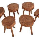 6 Raw Log Stools or Bedside Tables France circa 1970
