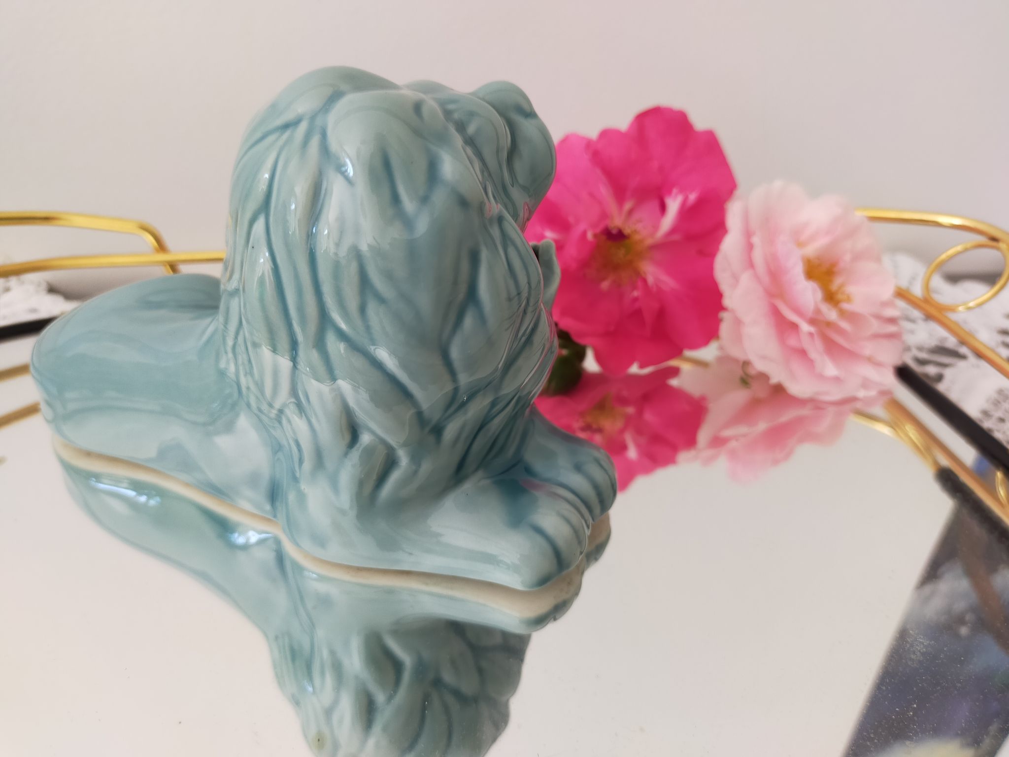 Ashtray vintage ceramic zoomorphic "lion" glaze light blue vintage of the 50s