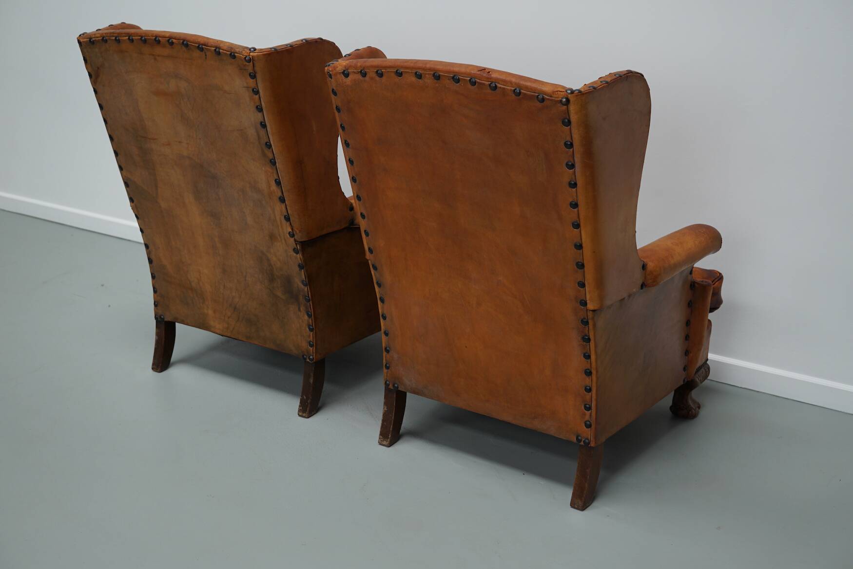 Old Patinated Dutch Cognac Colored Leather Club Chair, Set of 2