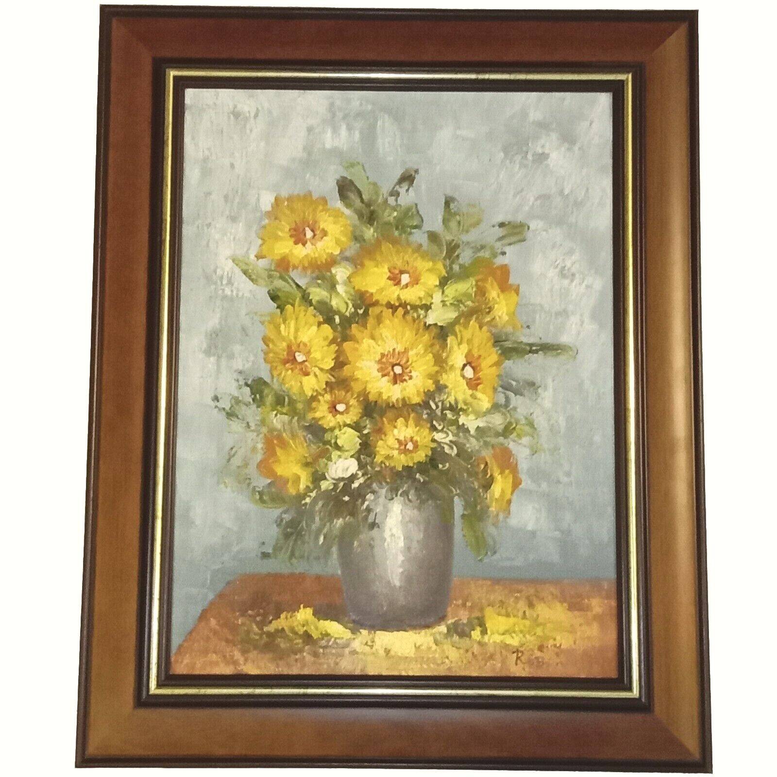 Still Life Bouquet of Yellow Flowers Oil on Canvas Signed