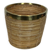 Rattan and brass wastepaper basket in the style of Gabriela Crespi.