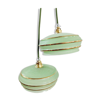 Pair of art deco pendant lamps in green sandblasted glass and gold strips