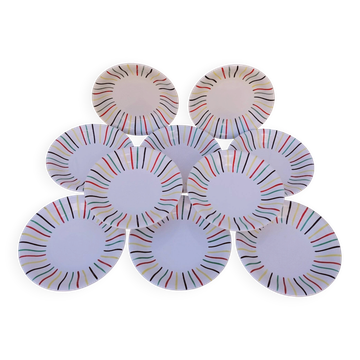 Set of 10 coloured striped deep plates, Longchamp, vintage