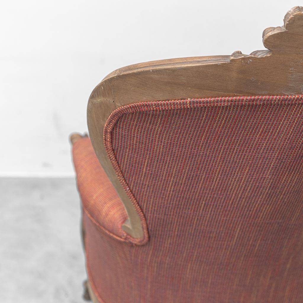 Pair of classic vintage armchairs in carved wood and fabric, 1950s