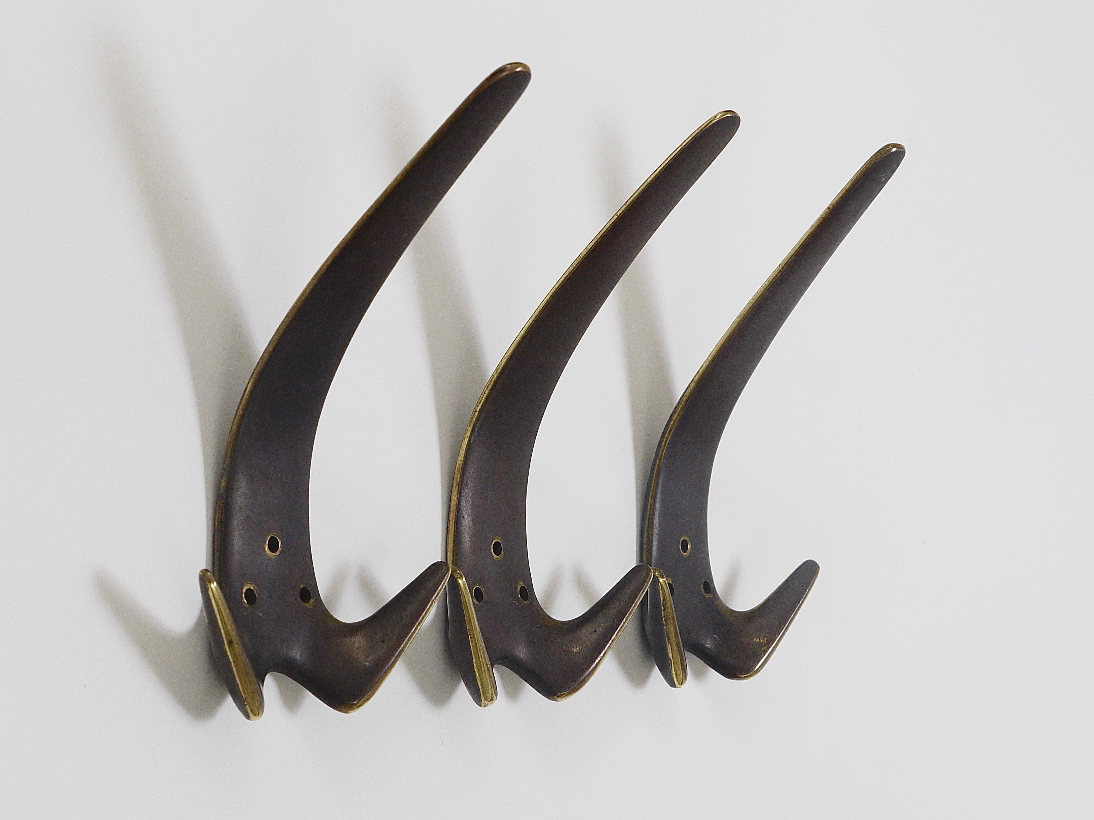 Carl Aubock Two large double wall hooks in brass #4056, Austria, 1950s