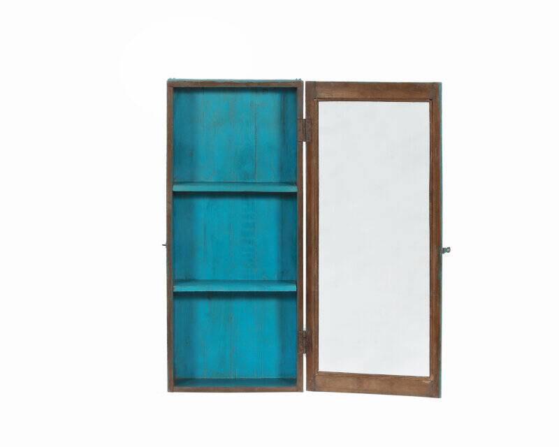 Vintage blue old teak wall display case patina and original piece from india