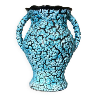 Vallauris Vase in Lava Ceramic - Blue Black - Vintage Decoration 20th Century Design