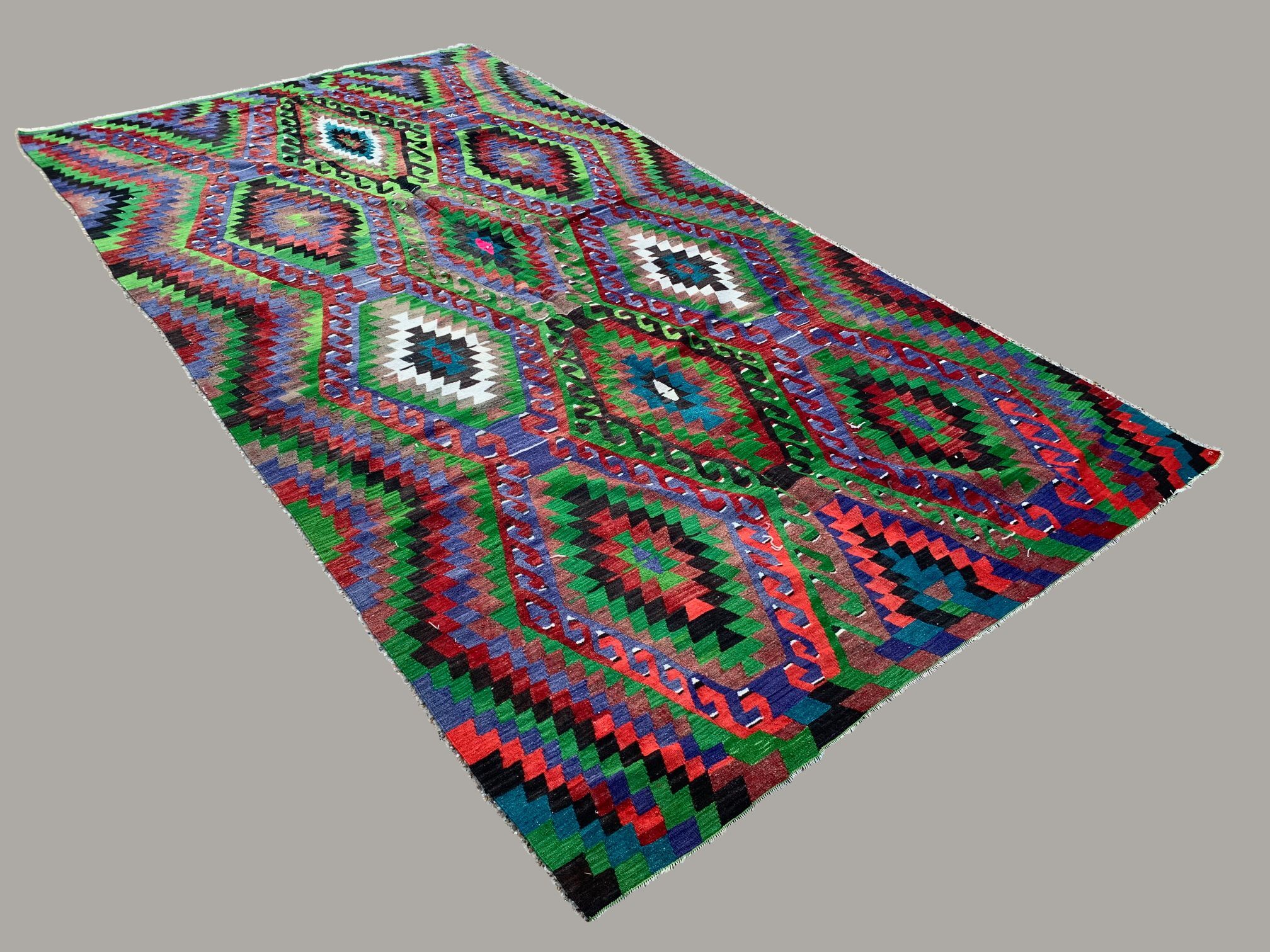 Vintage Turkish Kilim 340x183 cm wool kelim rug Large Purple, Green, Black, Blue