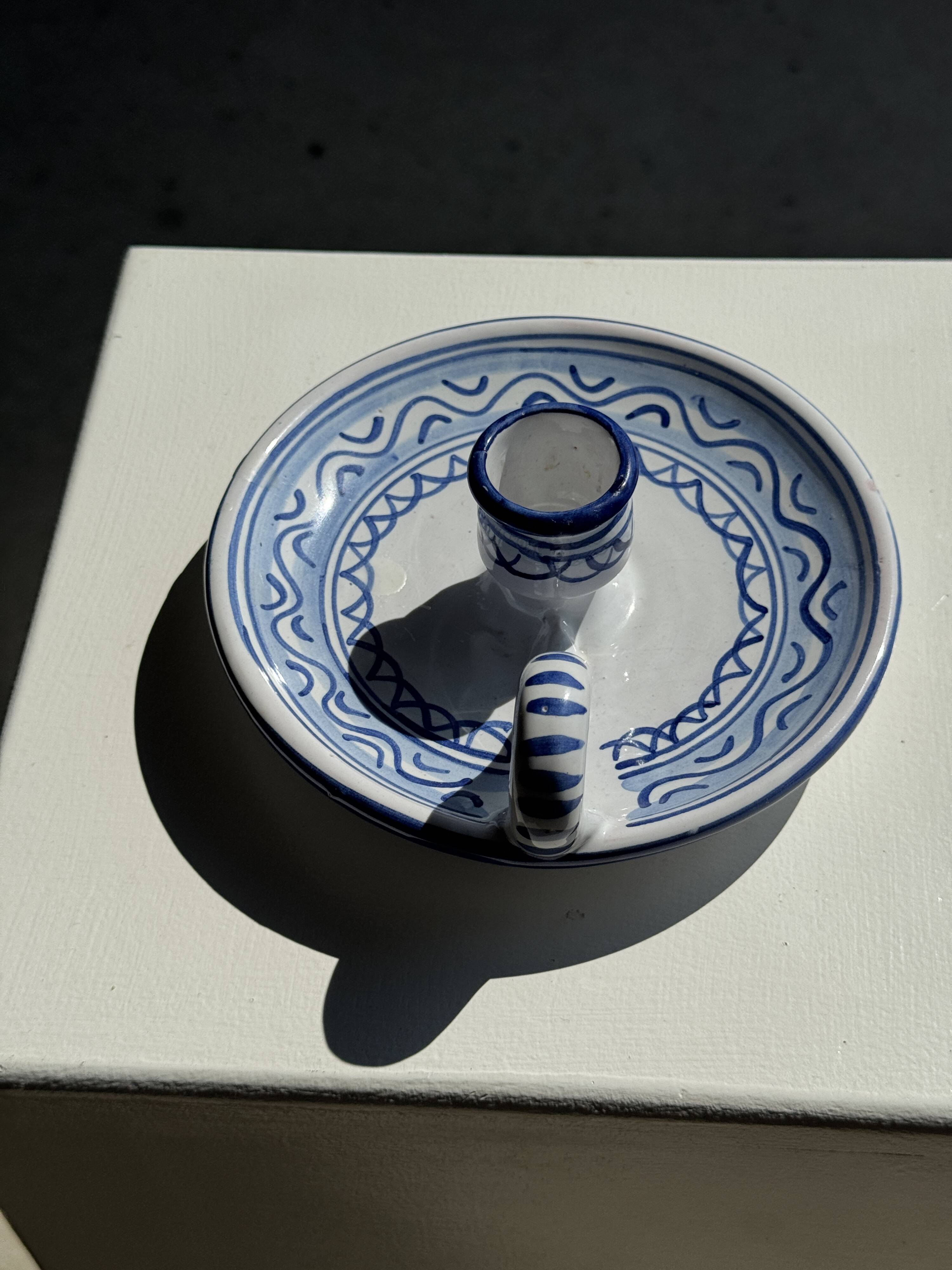 Small handmade white candle holder with blue geometric frieze pattern H7