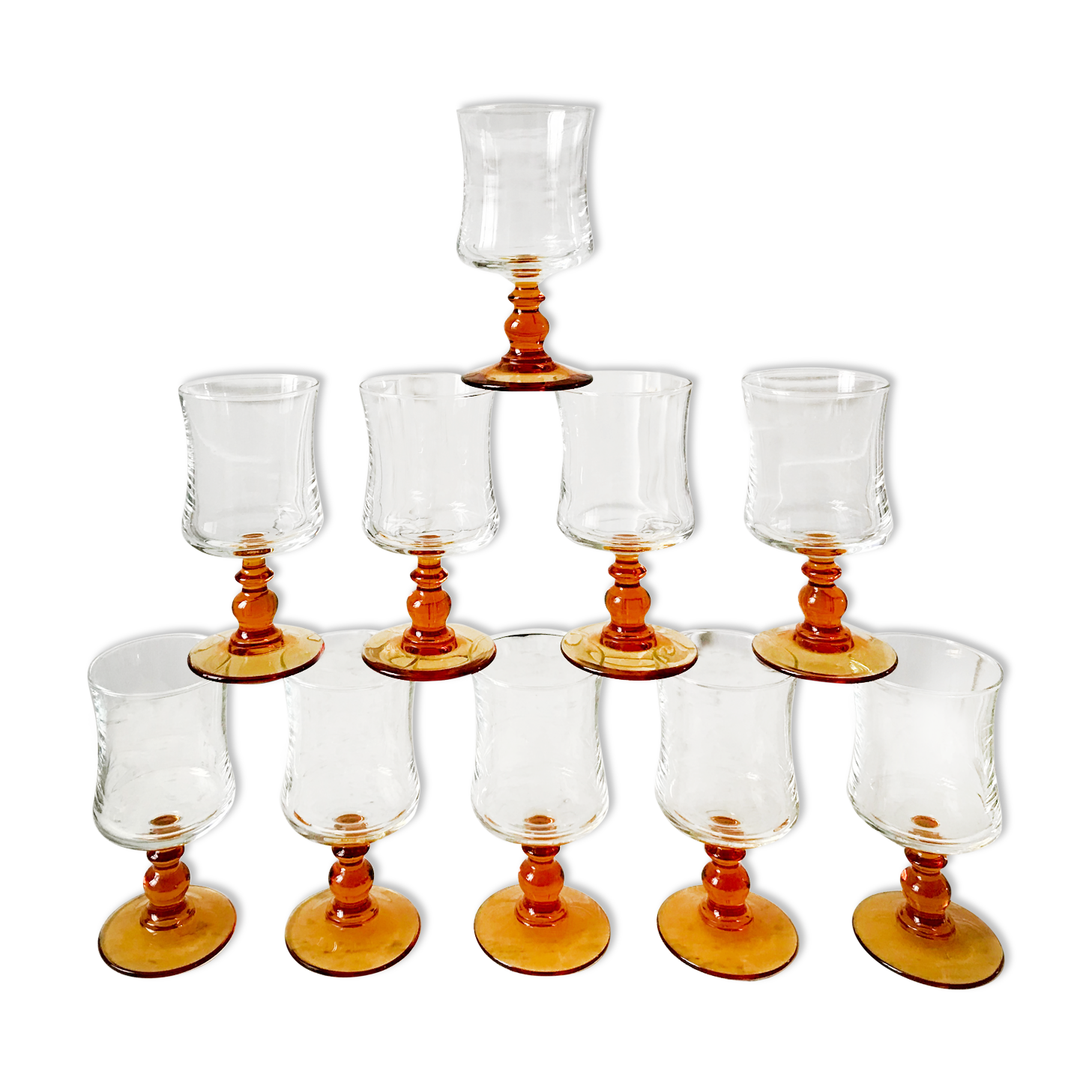 Set of 10 wine glasses with amber feet