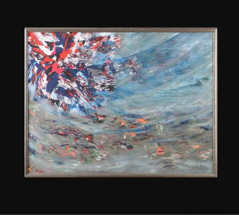 Huile sur toile originale suédoise – "Composition" par Keiko Ryu – Signée – Vintage et encadrée
