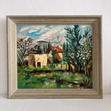 Old oil painting on panel exotic expressionist landscape signed