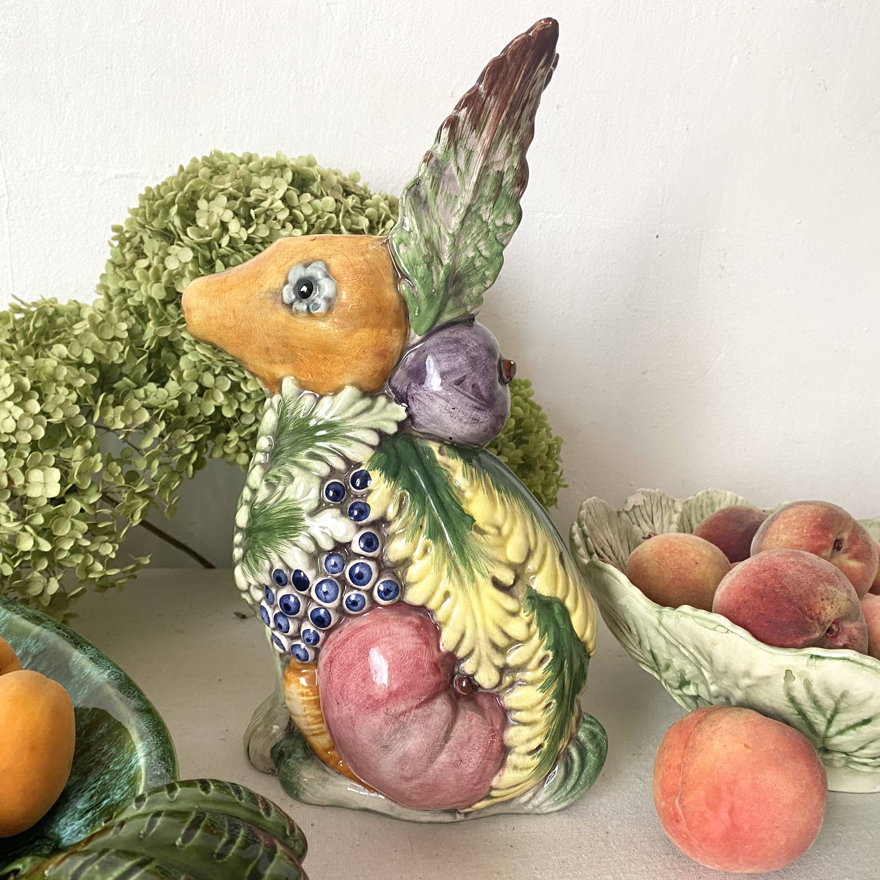 Italian barbotine pitcher Rabbit and fruits