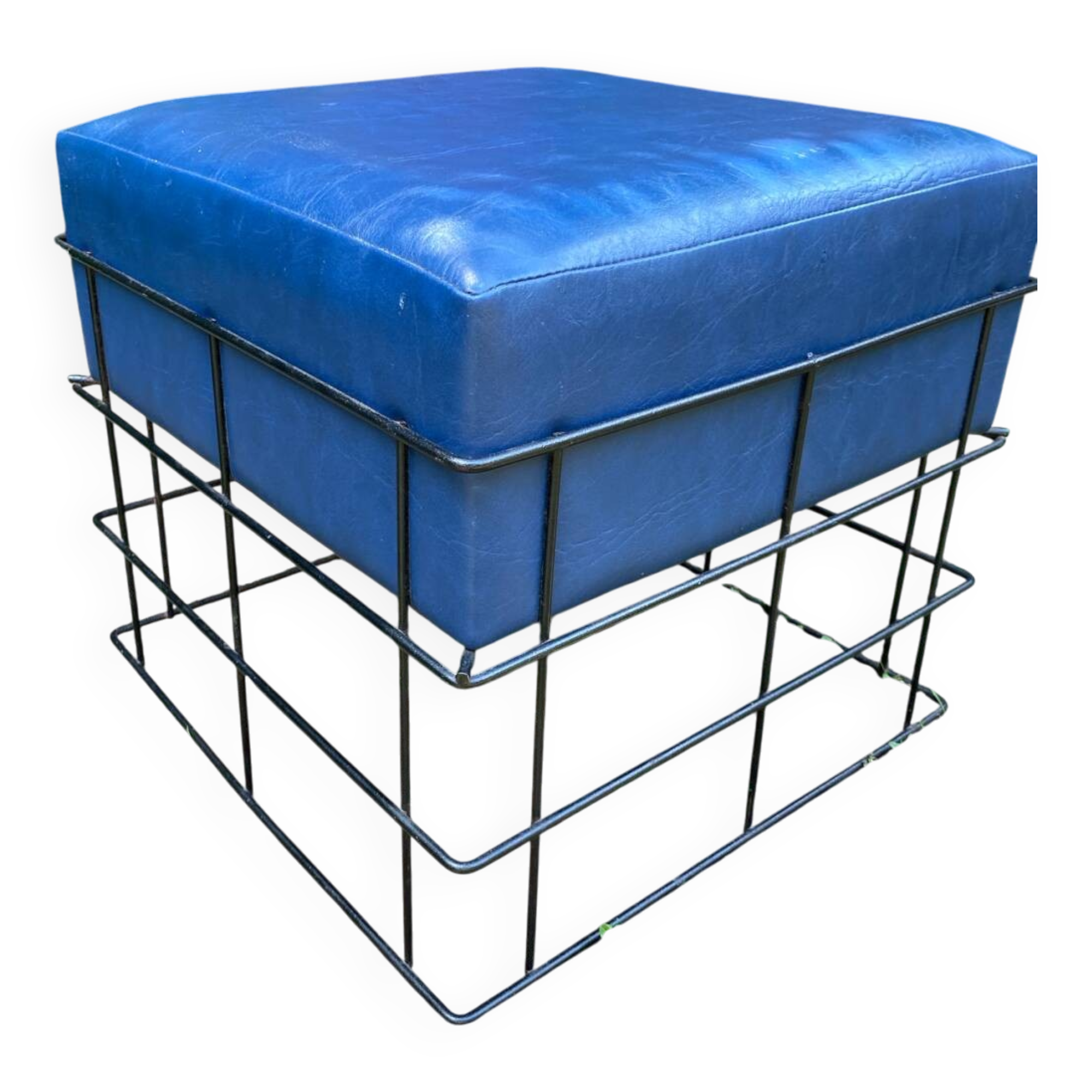 Square stool in black lacquered steel wire and blue leatherette circa 1970