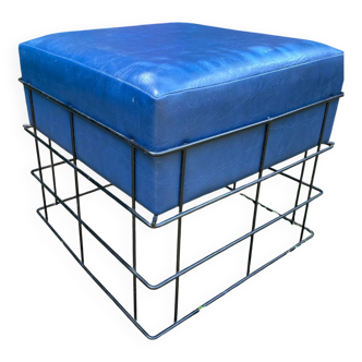 Square stool in black lacquered steel wire and blue leatherette circa 1970