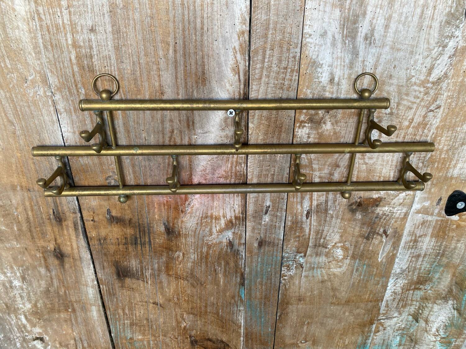 Vintage Wall Coat Rack Brass 7 Foldable Hooks #D748