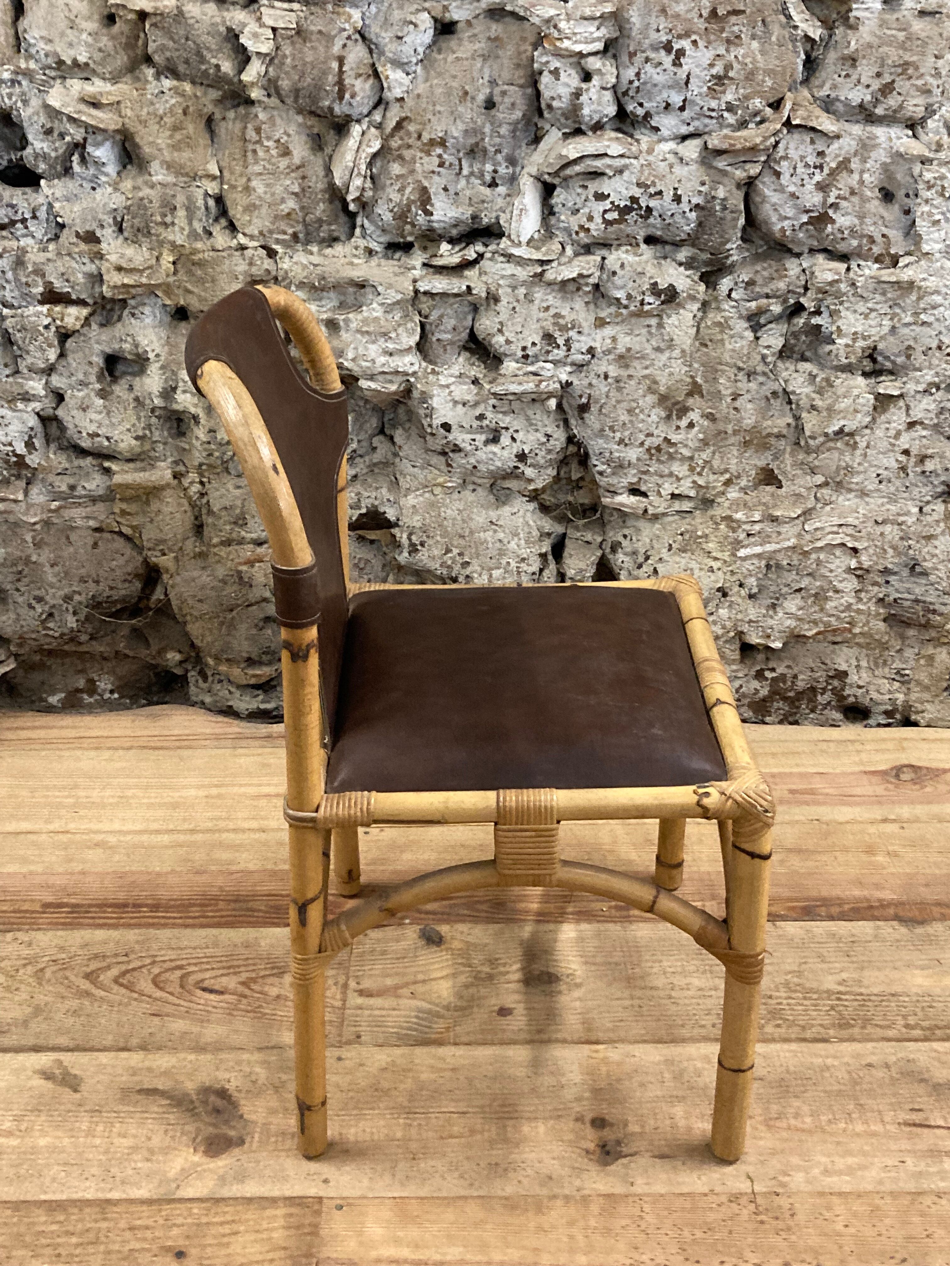 Vintage chair in rattan and bamboo and brown leather