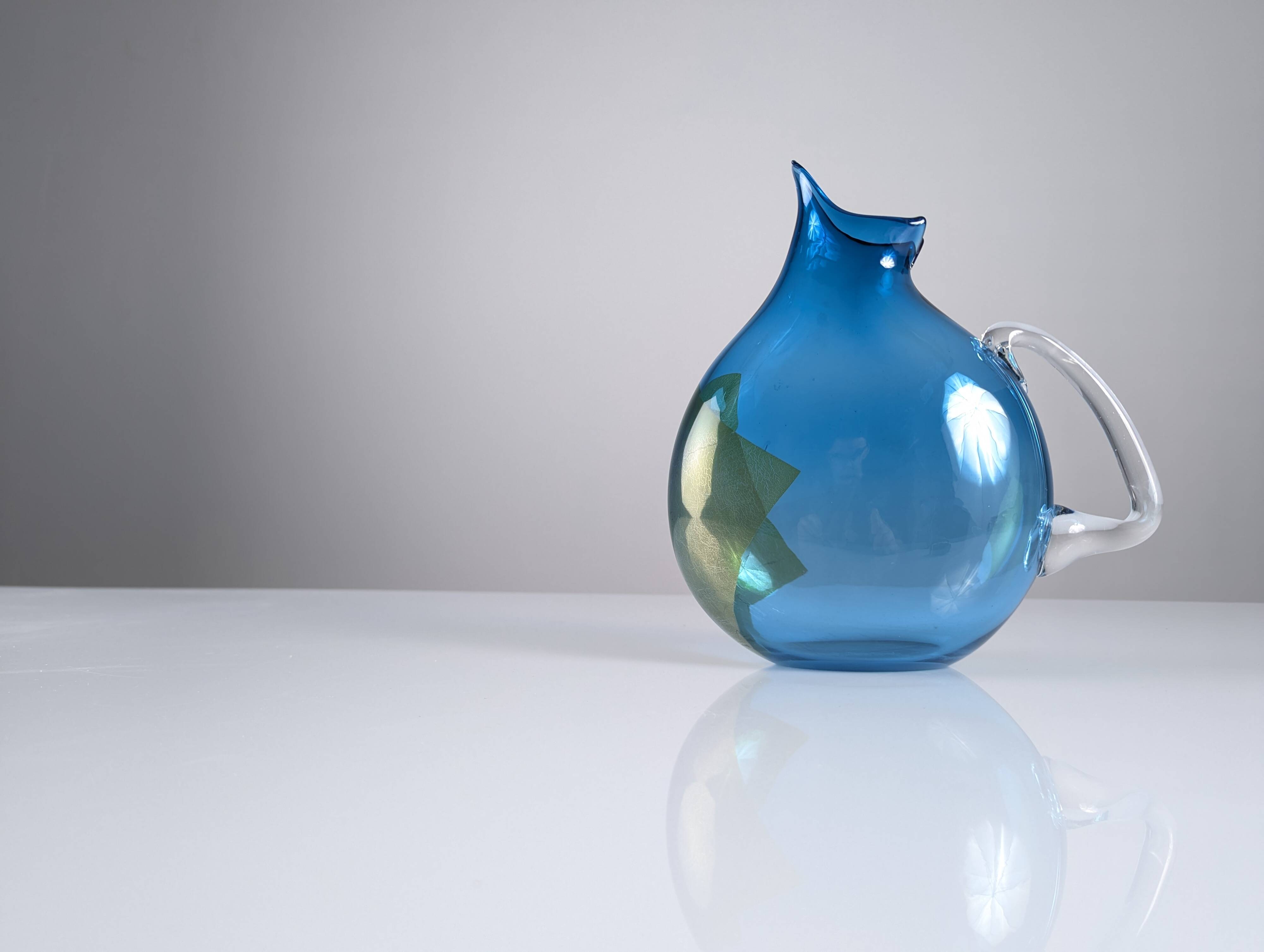 Unique Hand-Blown Glass Jug Signed by 20th Century Artisan – Vibrant Blue