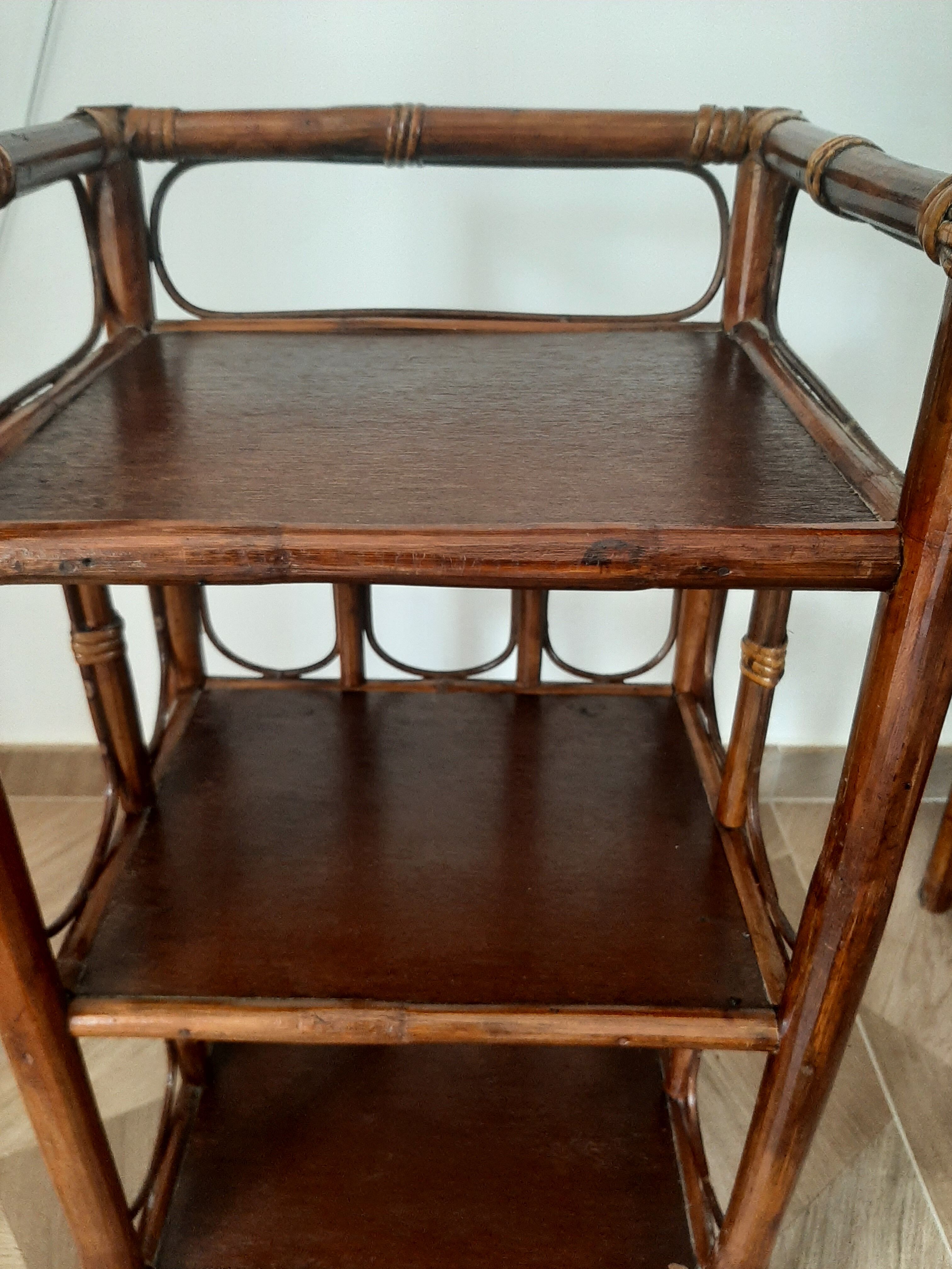 Vintage - set of 2 shelves of wooden floor, bamboo and rattan - 3 levels- retro 80s