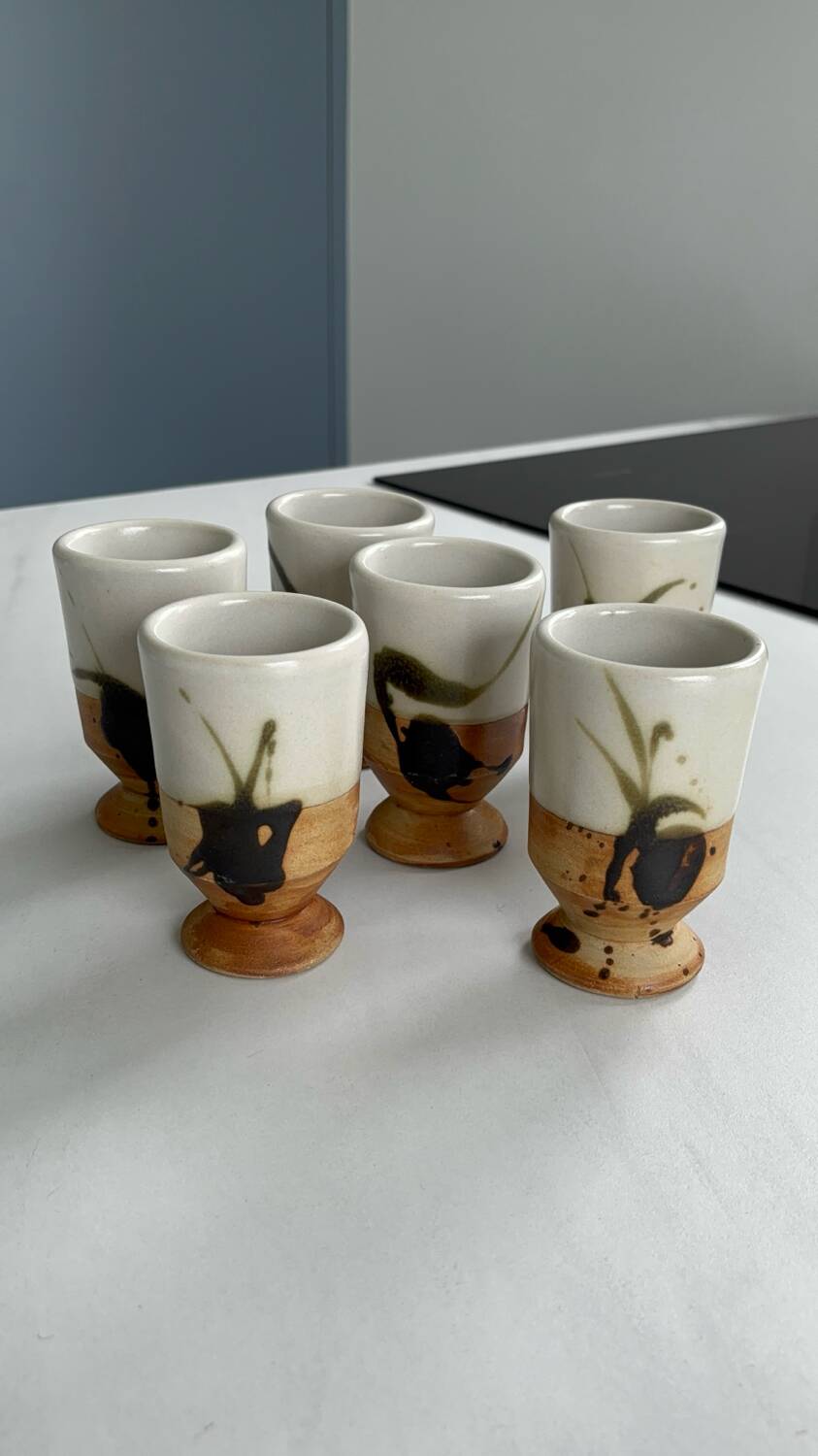 Set of 6 vintage ceramic footed coffee cups – artisanal style